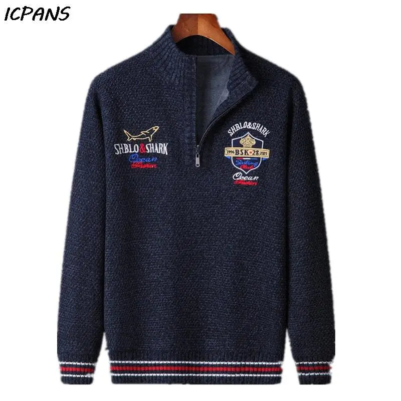 Men's Fleece Warm Half Zip Pullover Knitted Sweater Vintage Letter Print Cotton Coat Red/Black Winter Fashion
