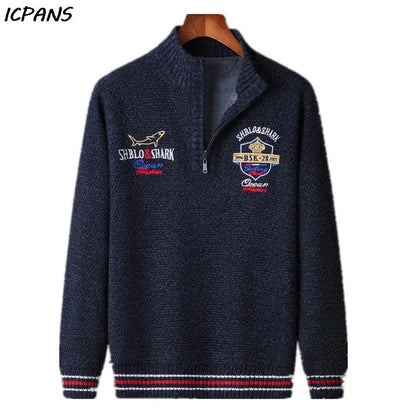 Men's Fleece Warm Half Zip Pullover Knitted Sweater Vintage Letter Print Cotton Coat Red/Black Winter Fashion