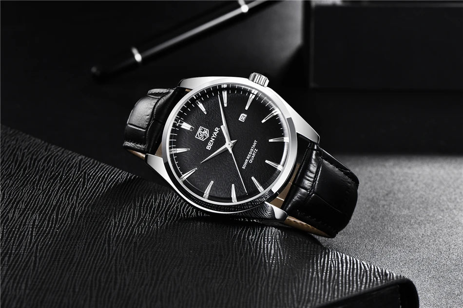 Benyar 5163 Top Brand Luxury Military Wristwatches Leather Quartz Watches Waterproof Simple Watch for Men Reloj Hombre