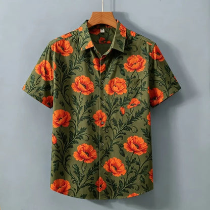 Men's Retro Floral Printed Short Sleeved Shirt With pockets, Elegant Retro style, For commuting, Light vacations, Dates