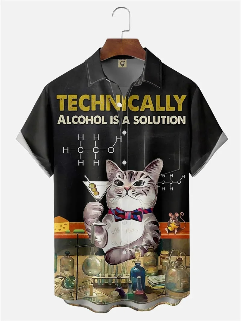 Men's Retro Short Sleeve Beach Shirt Summer Casual Ukiyoe Kitten Fishing Shark Print Hawaiian Shirts Men's Lapel Aloha Shirt