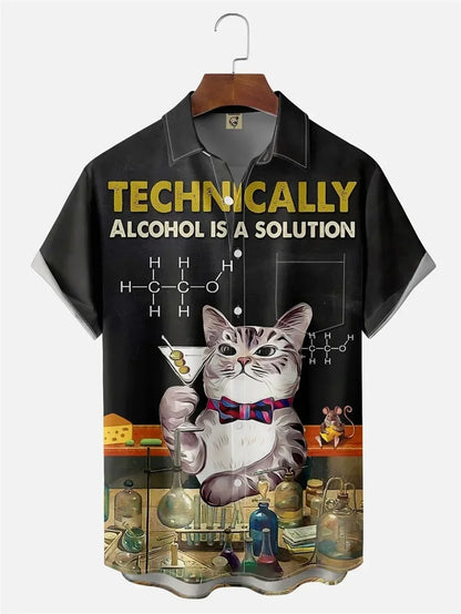 Men's Retro Short Sleeve Beach Shirt Summer Casual Ukiyoe Kitten Fishing Shark Print Hawaiian Shirts Men's Lapel Aloha Shirt
