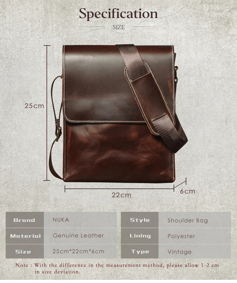 NUKA Men's Genuine Leather Shoulder Bag Retro Flap Crossbody Bags Casual Trend Satchel High Quality Luxury Cowhide Messenger Bag