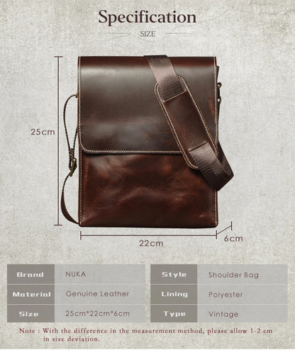 NUKA Men's Genuine Leather Shoulder Bag Retro Flap Crossbody Bags Casual Trend Satchel High Quality Luxury Cowhide Messenger Bag
