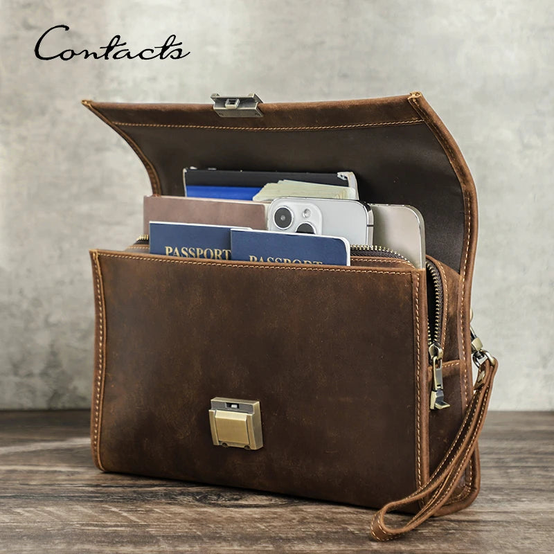 CONTACT'S Genuine Leather Clutch Bags Men Password Retro Wrist Strap Handbag iPad Travel Business Fitness Clutch Wallet