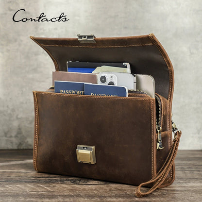 CONTACT'S Genuine Leather Clutch Bags Men Password Retro Wrist Strap Handbag iPad Travel Business Fitness Clutch Wallet