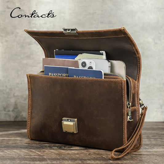CONTACT'S Genuine Leather Clutch Bags Men Password Retro Wrist Strap Handbag iPad Travel Business Fitness Clutch Wallet