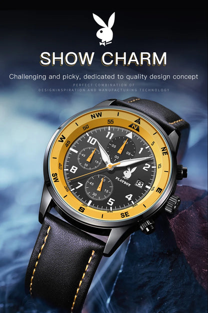 PLAYBOY Luxury Quartz Men's Watches Fashion Casual Leather Strap Sports Chronograph Wristwatch Original Waterproof Watches 3303