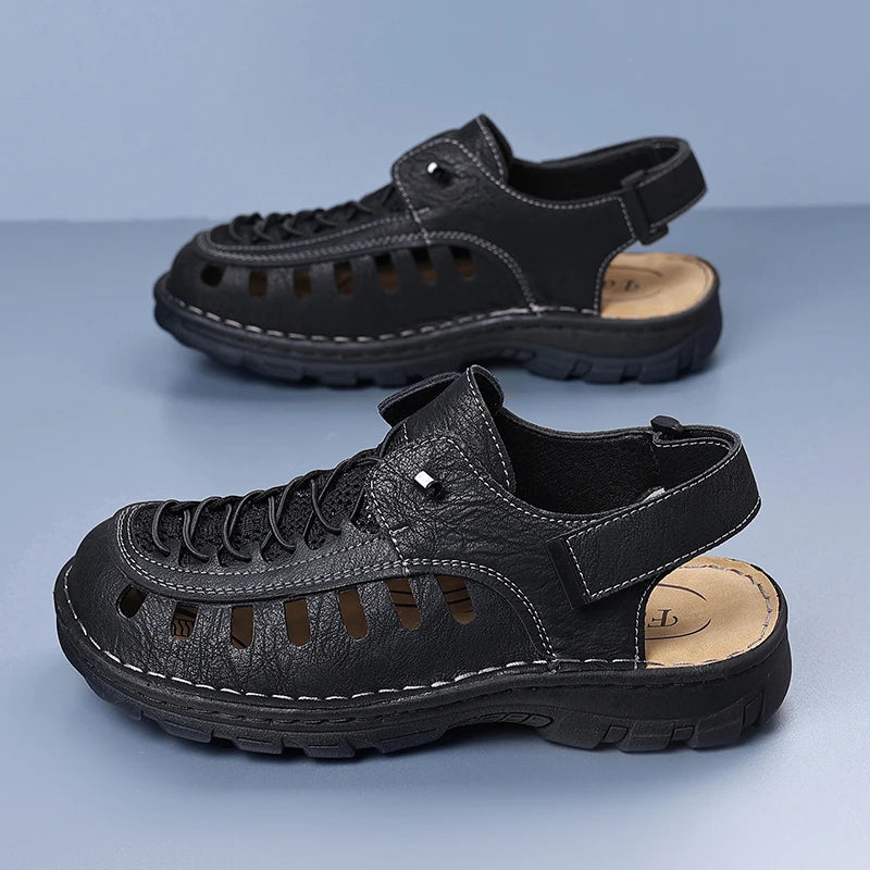 New Summer Men's Leather Sandals Casual Outdoor Beach Shoes Comfortable Male Hollow Out Footwear Leisure Walk Sandaly Sandalias
