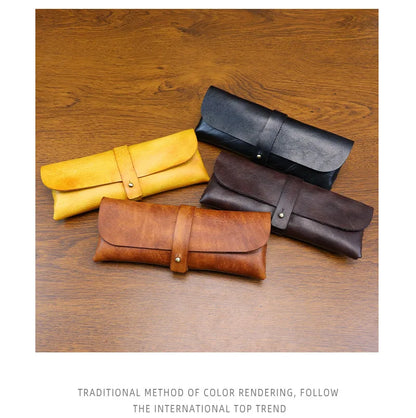 Genuine Leather Men Pencil Bag Handmade Wallet Large Capacity Retro Glasses Storage Bag Stationery Pencil Case Unisex Purses
