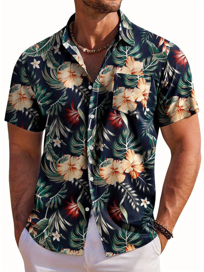 Men's Short Sleeve Shirt Hawaiian Botanical Flower Print Lapel Seaside Button-Down Shirt Top Casual Fashionable Shirts