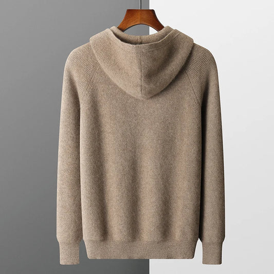 Men 100% Merino Wool Sweater Hooded Zipper Cardigan Autumn Winter Thickened Knit Large-size Jacket Long Sleeved Sportswear Coat