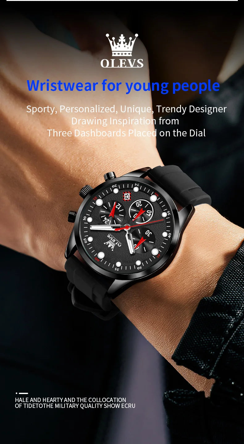 OLEVS 5602 Mens Watch Original Fashion Bright Colors Silicone Strap Quartz Wristwatch Waterproof Luminous Reloj Chronograph Date