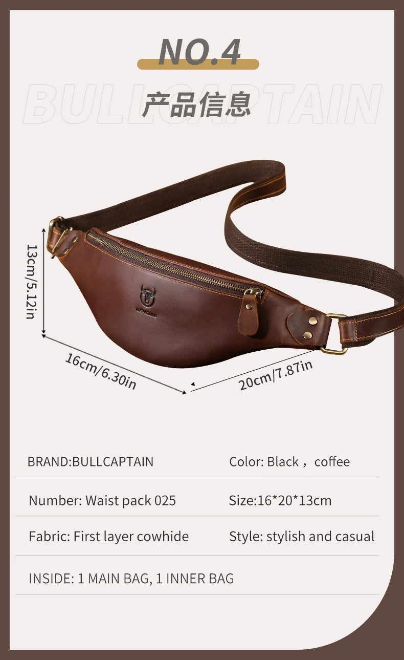 BULLCAPTAIN Men's Crazy Horse Leather Belt Bag Classic Retro Crossbody Bag Outdoor Storage Mountaineering Mobile Phone Bag