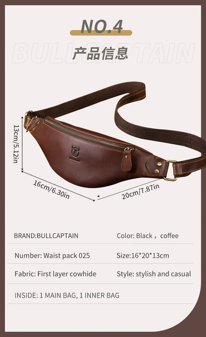 BULLCAPTAIN Men's Crazy Horse Leather Belt Bag Classic Retro Crossbody Bag Outdoor Storage Mountaineering Mobile Phone Bag