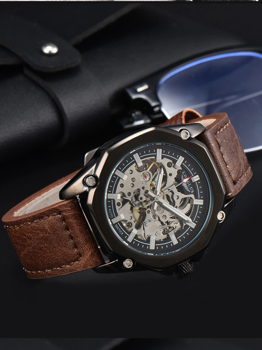 LONGLUX Automatic Watch Sport Style Wholesale Mechanical Wristwatches Fashion Hollow Leather Mens Watch Men Gift