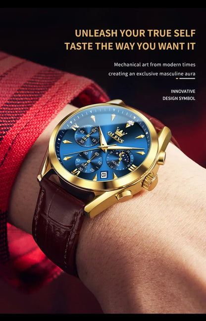 OLEVS 3609 Original Moon Phase Chronograph Watch for Men Leather Waterproof Luminous Luxury Quartz Mens Wristwatches Reloj Mujer