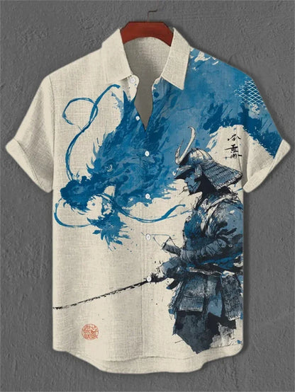 Men's Cat Patterned Black Crane Short Sleeved Shirt, Linen Retro Green Top, Fashionable Lapel Top, Retro Art