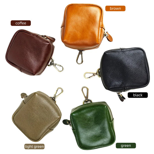 Men's Coin Purse, Genuine Leather Mini Coin Wallet Zipper Pocket with Back Belt Loop Lanyard, Lightweight Keychain Pouch for Men
