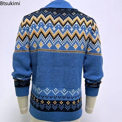 2026 Men's Winter Knitted Sweater Jacket Vintage Jacquard Cardigan Sweaters Lapel Single Breasted Knitted Sweater Coats for Men