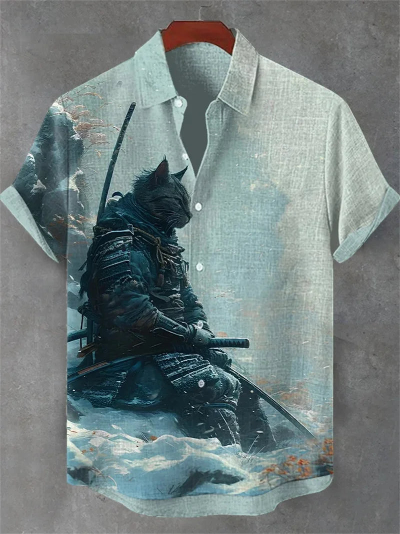 Men's Cat Patterned Black Crane Short Sleeved Shirt, Linen Retro Green Top, Fashionable Lapel Top, Retro Art
