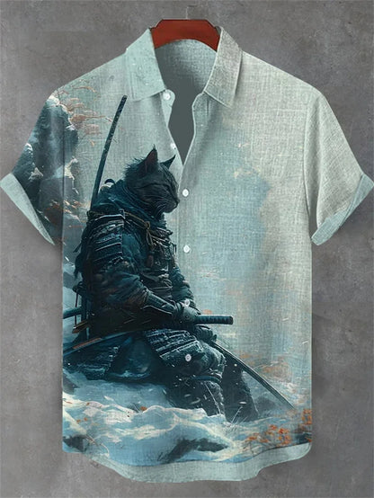 Men's Cat Patterned Black Crane Short Sleeved Shirt, Linen Retro Green Top, Fashionable Lapel Top, Retro Art