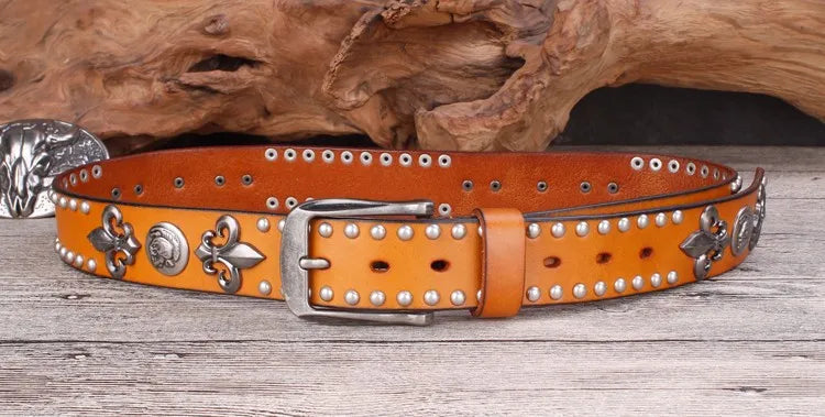 High Quality Metal Rivet Cowboy Belt Top Grain Genuine Leather Cowskin Men Belt Punk Rivet Jeans Belts For Men
