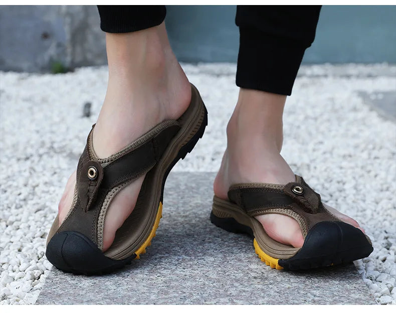 Genuine Cow Leather Shoes Men Sandals Flip Flops Men's Casual Shoes Classic Massage Men Beach Slippers Anti-slip Summer 2025 New