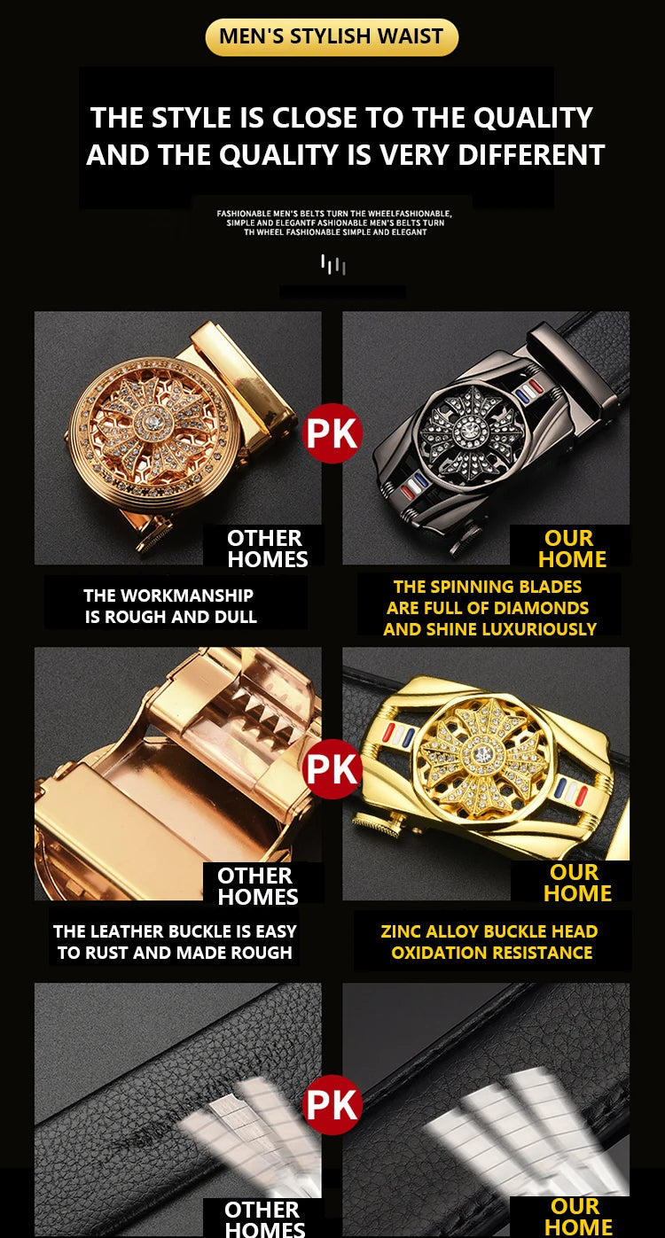 Mens Belt Material Metal Rotatable Buckle  Leather Belt High Quality Men Business Belt Golden Waist Buckle Rhinestone De
