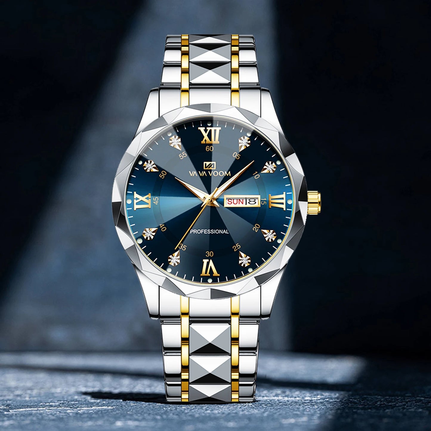 VA VA VOOM Hot Selling Original Blue Gold Creative Design Classic Hot selling Quartz Watch Men Fashion High Quality Rhombus Design Fashion Business Japanese Movement Gold Stainless Steel Fashion Clock Sports Watch for Men Gif