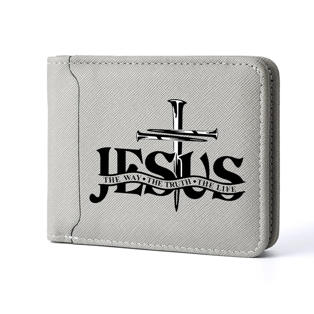 Men's Leather Simple Double-sided Wallet, Short Style, Casual Jesus Pattern, Thin Card Case, Men's Money Clip
