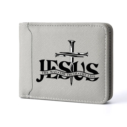 Men's Leather Simple Double-sided Wallet, Short Style, Casual Jesus Pattern, Thin Card Case, Men's Money Clip