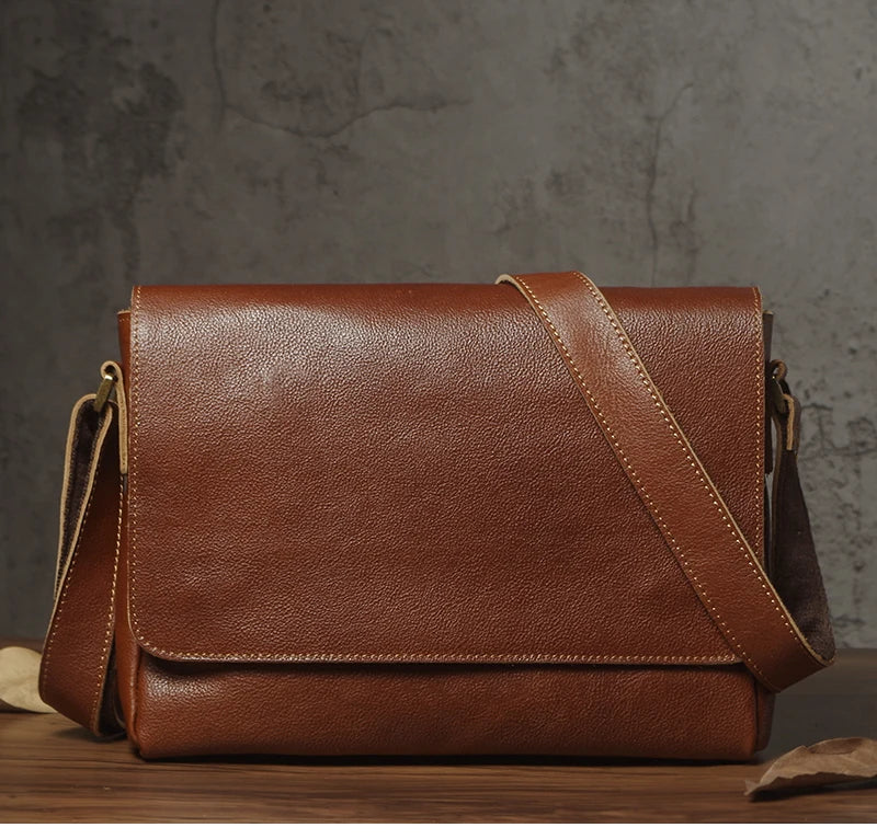 NUKA Men's Genuine Leather Shoulder Bag Retro Original Cowhide Horizontal Crossbody Deluxe Flap Messenger Bags For 11 Inch Ipad