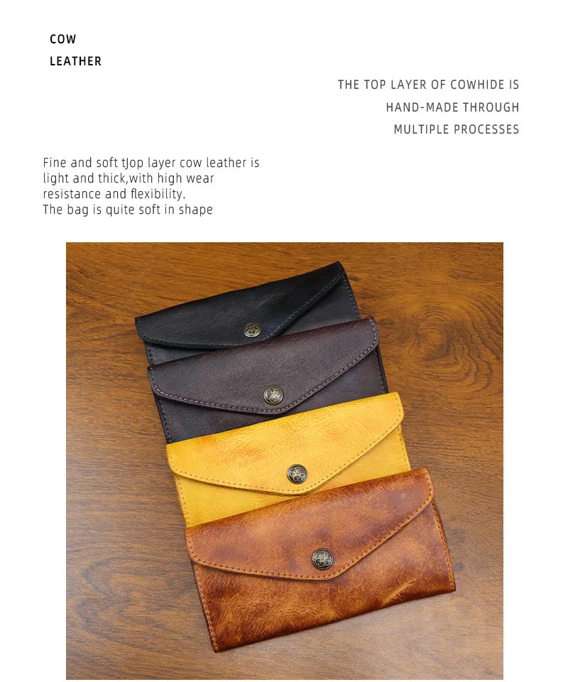 Genuine Leather Retro Men Handmade Wallet Handbag High Quality Phone Pocket Simple Card Bag Big Capacity Male Purses