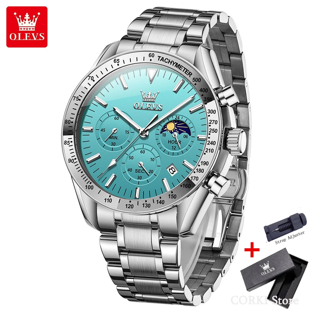 OLEVS 3618 Waterproof Luminous Date Moon Chronograph Wristwatches Mens Luxury Stainless Steel Quartz Watch for Men Reloj Hombre