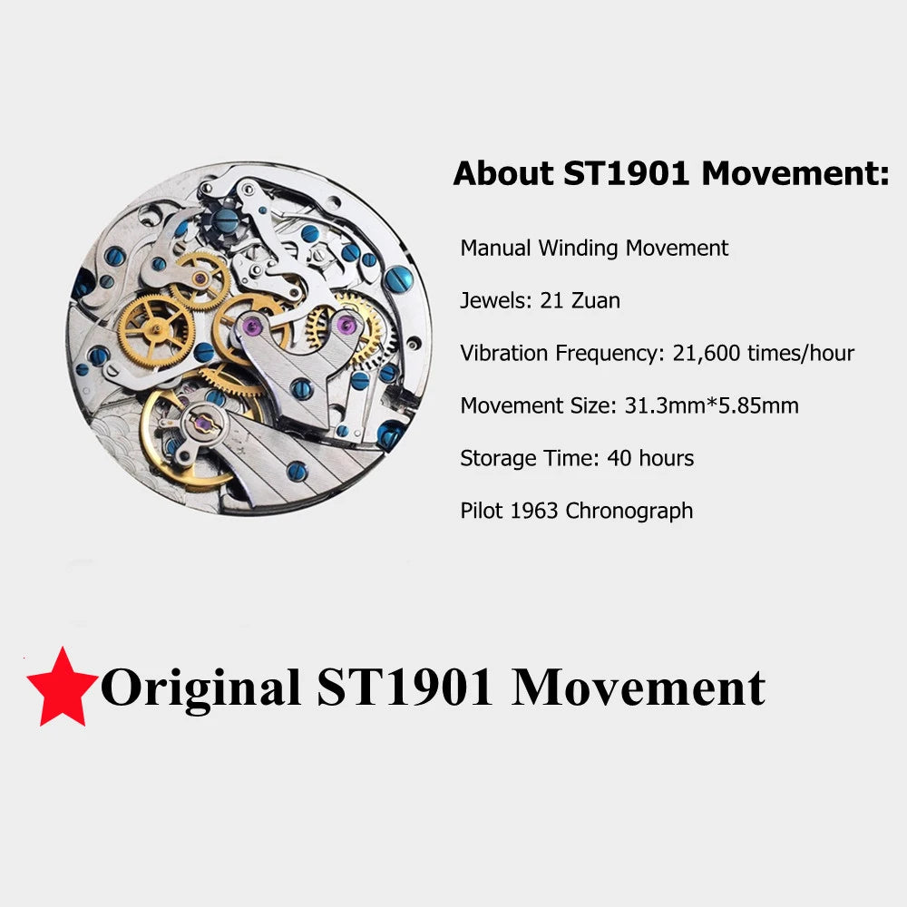 Red Star Retro 1963 Chronograph ST1901 Hand Winding Movement Air Force Pilots Aviation Sapphire Men Mechanical Watch Waterproof