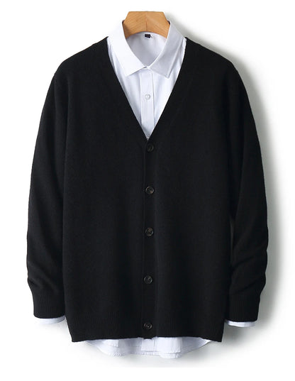100% Pure Wool Sweater Autumn Winter New Men's Cardigan V-Neck Buckle Jacket Loose Casual Cashmere Knitted Sweater Long Sleeveds