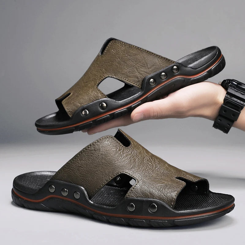 Summer Men Slippers Genuine Leather Breathable Clogs Sandals Beach Classics Leather Slides Outdoor Flip Flops Plus Size Men Shoe