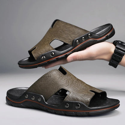 Summer Men Slippers Genuine Leather Breathable Clogs Sandals Beach Classics Leather Slides Outdoor Flip Flops Plus Size Men Shoe