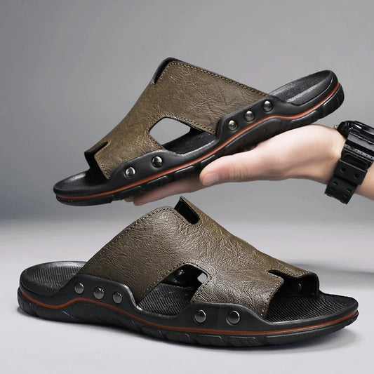 Summer Men Slippers Genuine Leather Breathable Clogs Sandals Beach Classics Leather Slides Outdoor Flip Flops Plus Size Men Shoe