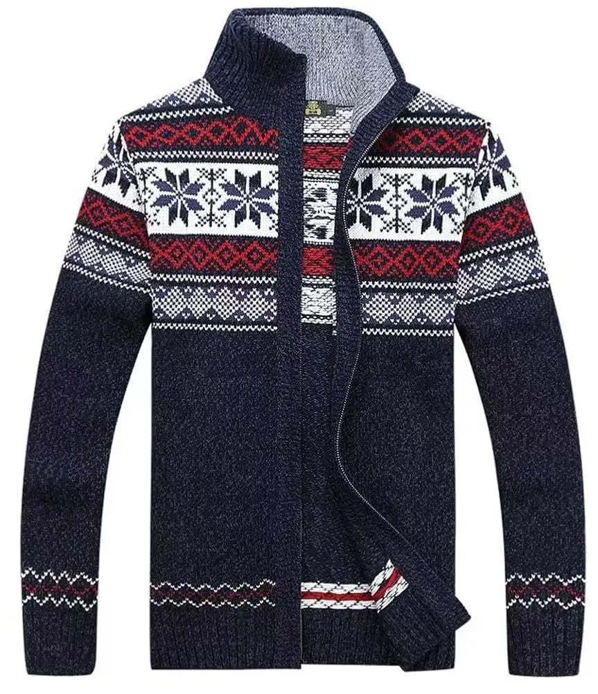 Men's Long Sleeve Zip Up Patterned Knit Cardigan Nordic Style Colorful Sweater Coat Ideal for Cold Winter Days Casual Wear