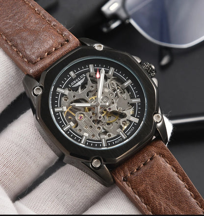 LONGLUX Automatic Watch Sport Style Wholesale Mechanical Wristwatches Fashion Hollow Leather Mens Watch Men Gift