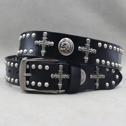 Designer Brand Belt Men Rivet Real Leather Pin Belt Male Black Rock Genuine Leather Cowhide Luxury Punk Belt Jeans