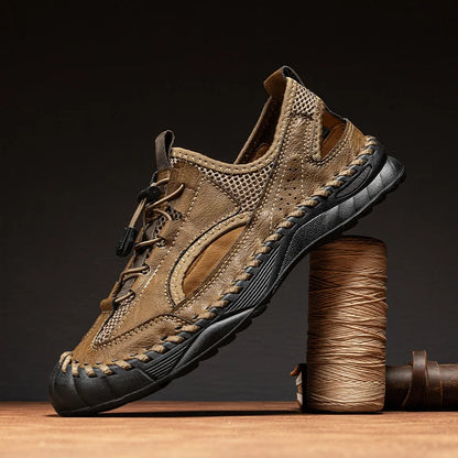 Summer Men Full Casual Leather Hand Stitch Big Size Outdoor Beach Sandals Closed Toe Non Slip Comfort New Summer Walking Shoes