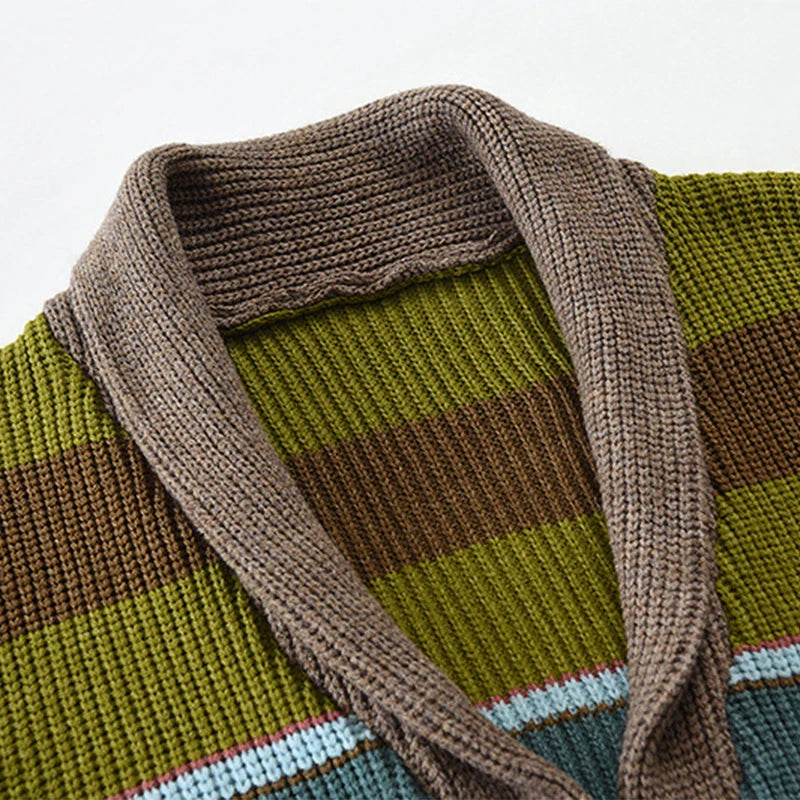 Trendy Mens Knitted Cardigans 2025 Spring Casual Button-up Lapel Sweatercoats Men Vintage Rainbow Striped Sweater Jacket Coats