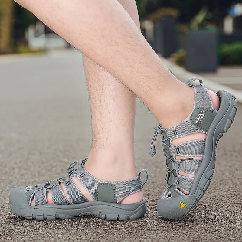 Outdoor Summer Men Sandals Leather Mens Casual Shoes Non-Slip Male Beach Shoes Anti-collision Toe Roman Flats Flip-flops 38-48