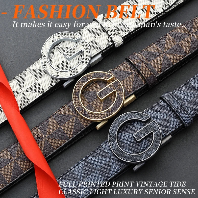 Men's Luxury Automatic Buckle Belt Classic Triangle Pattern PU Leather Business Casual Waistband for Jeans