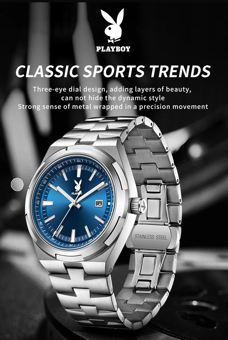 PLAYBOY 3112 Brand original authentic stainless steel strap luminous function calendar display men's quartz watch