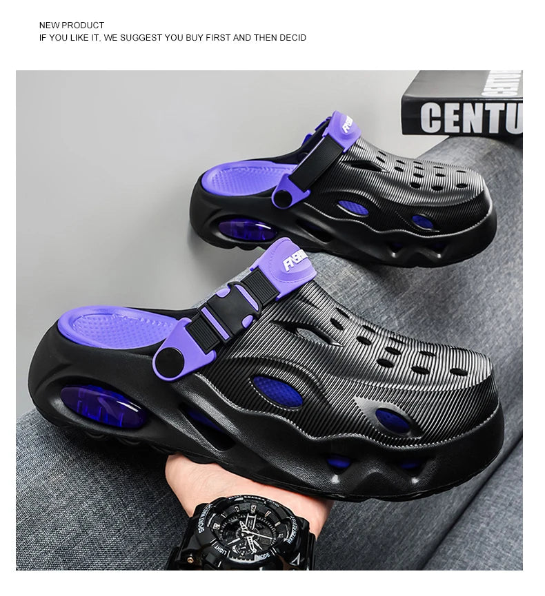 Men's Sandals Fashionable Hollow Casual Slippers Lightweight EVA Garden Shoes Thick-Soled Outdoor Walking Beach Water Shoes