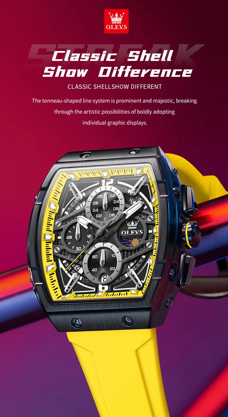 OLEVS 2975 Men's Watches Hollowed Quartz Wristwatch Silicone Strap Tonneau Large Dial Design Waterproof Luminous Watch for Men